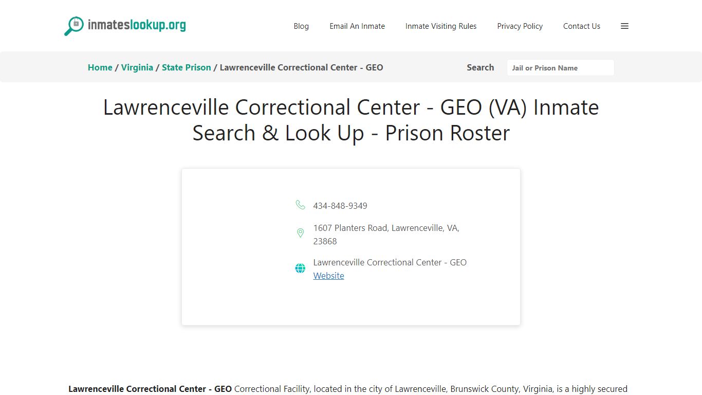 Lawrenceville Correctional Center - GEO (VA) Inmate Search & Look Up ...